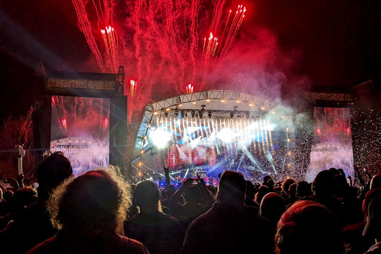 Fireworks going off behind the main Ronnie James Dio stage