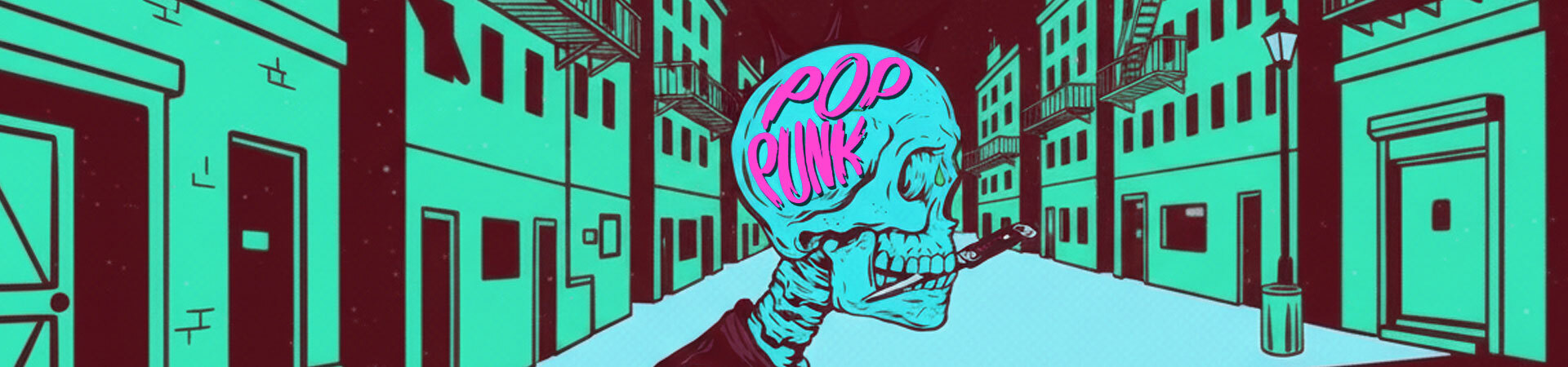 a cartoon skull with Pop Punk written on the side of his head